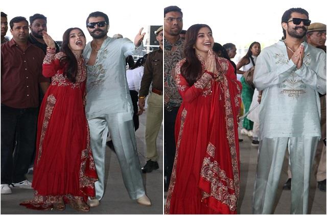 लाल अनारकली सूट, मांग में सिंदूर लगाए शादी के बाद पहली बार साथ दिखे Vijay–Rashmika